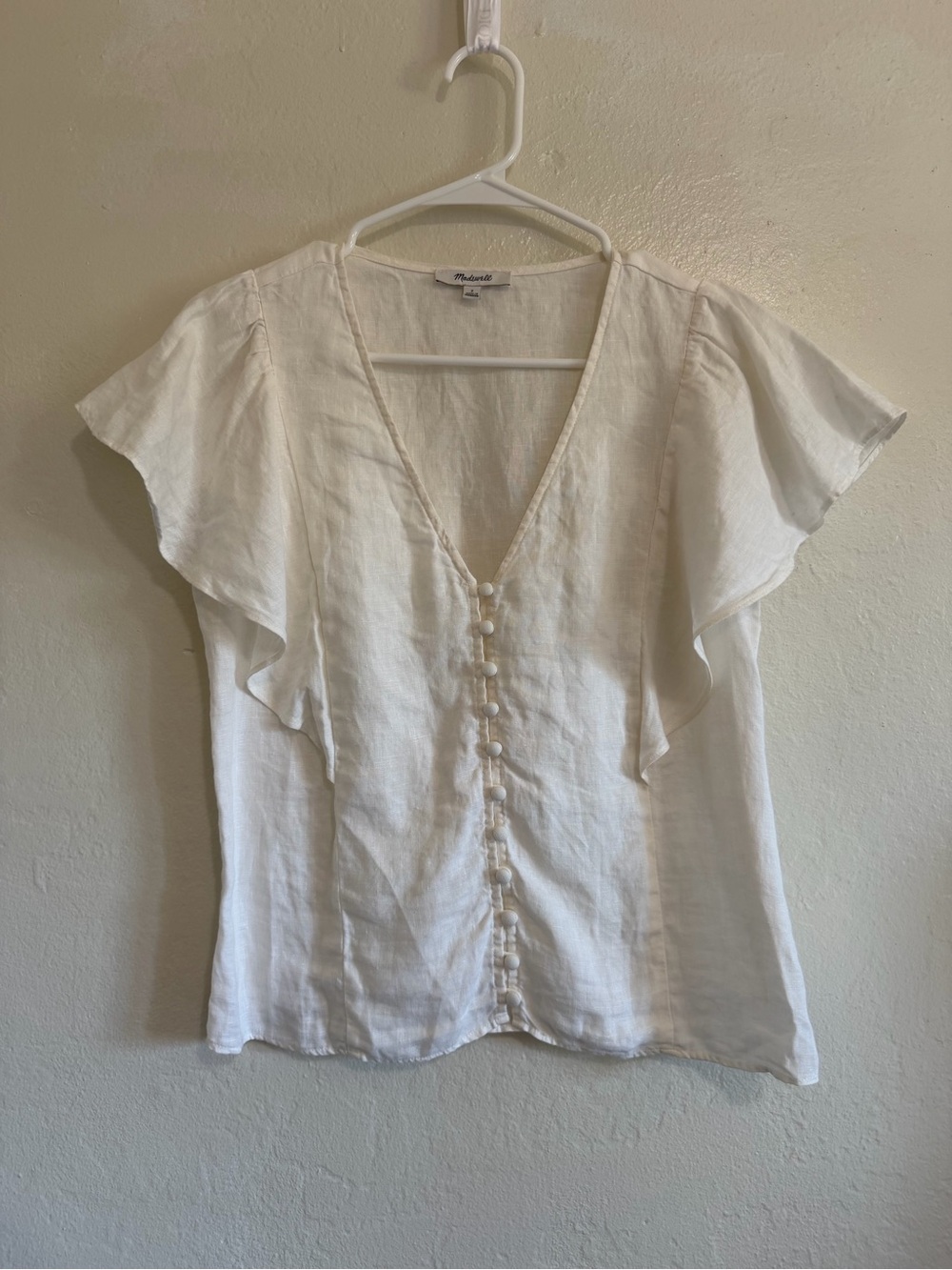 Madewell White Linen Blend Flutter Sleeve Button Front Top